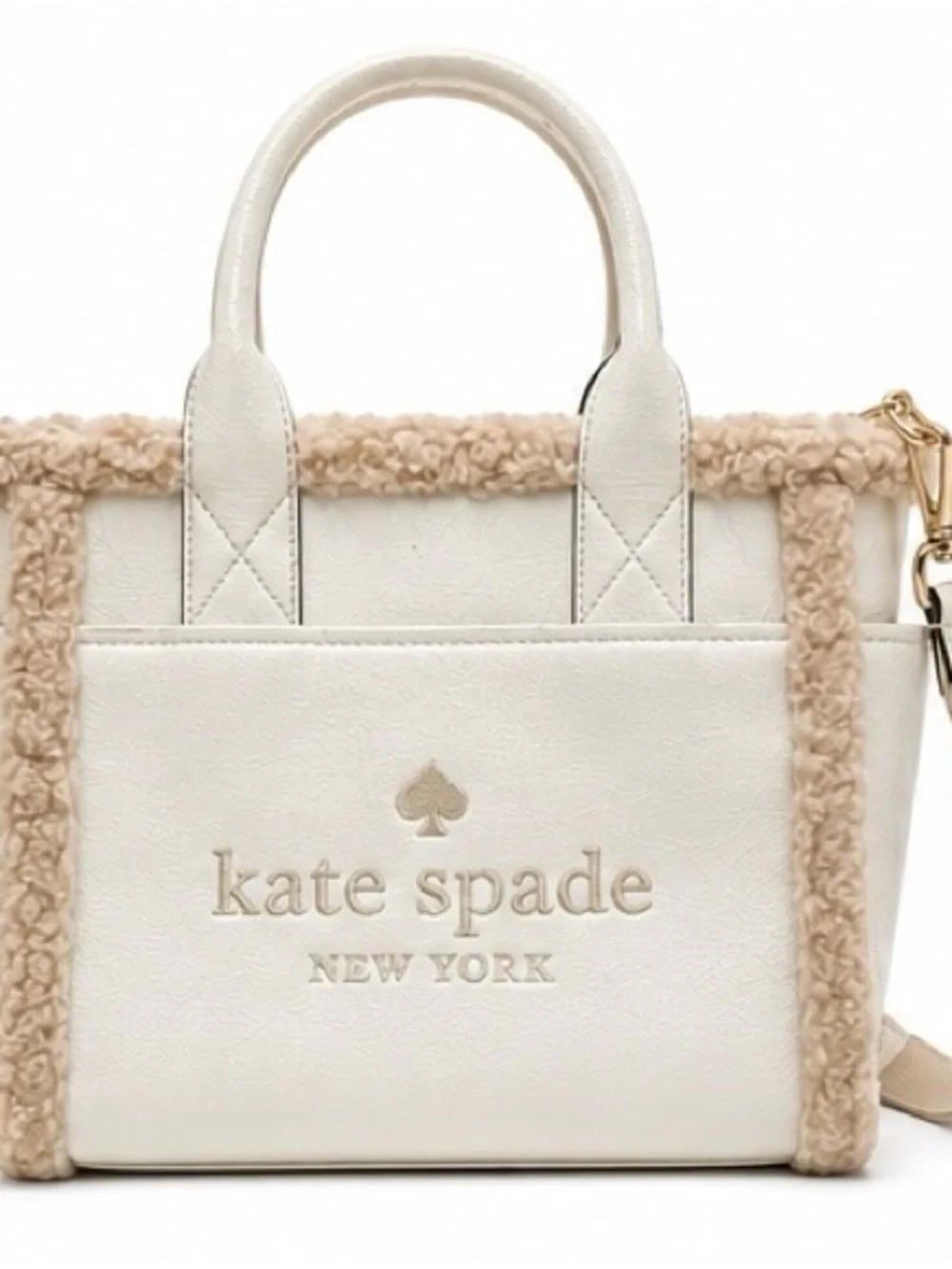 Kate Spade New York Cream Sherpa Trim Tote Crossbody Bag Winter Cozy Chic